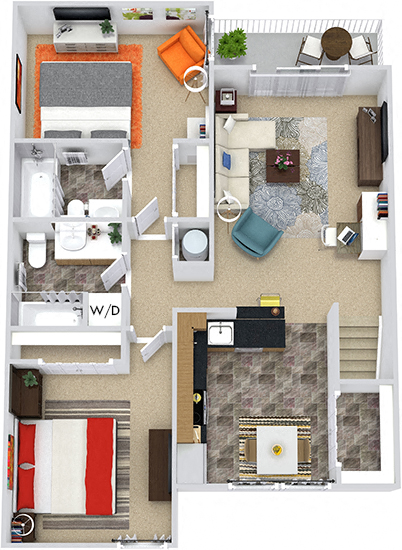 Floor plan for 2 beds, 2 baths, 881 sqft
